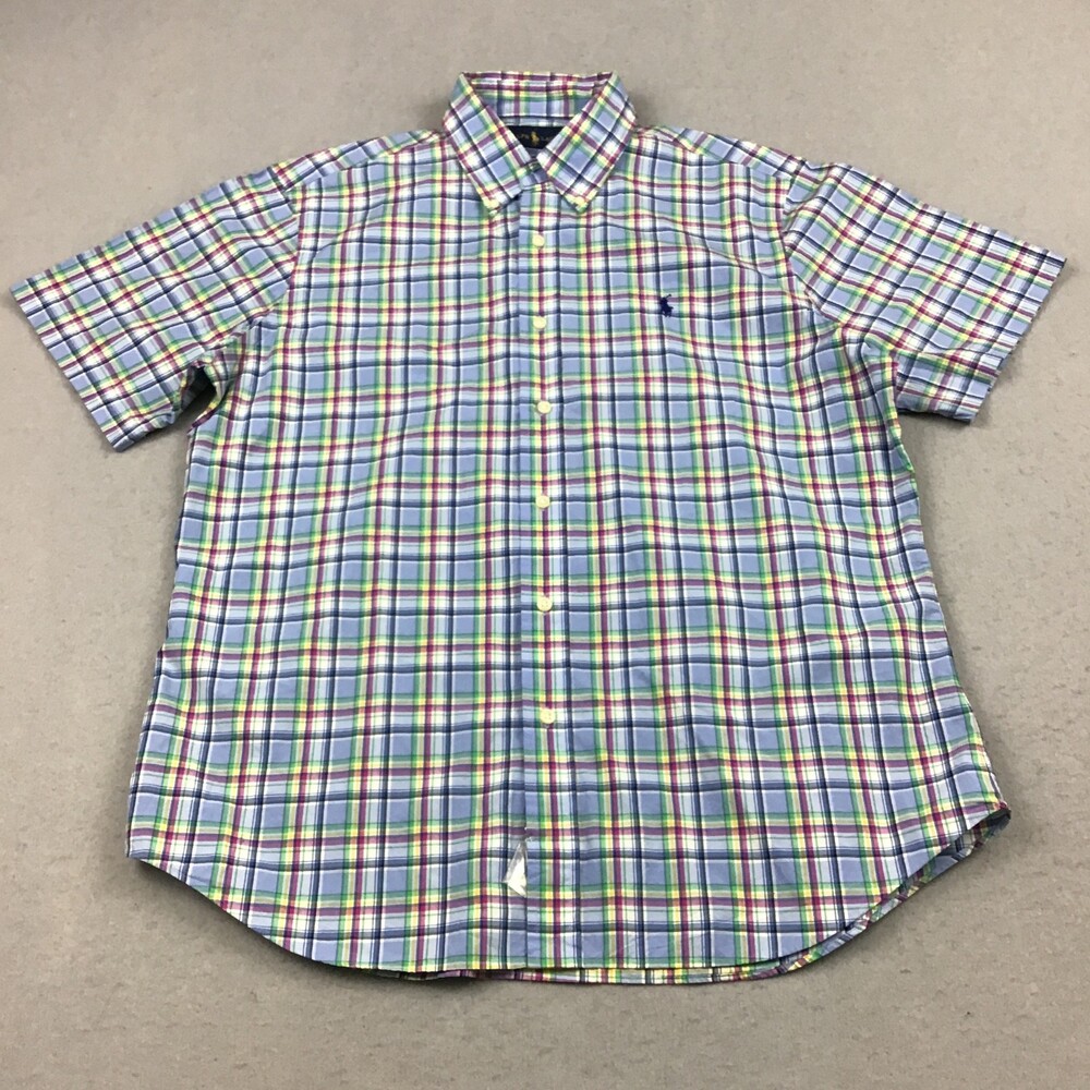 Ralph Lauren Shirt Men Large Blue Pink Plaid Button Up Short Sleeve Preppy Pony